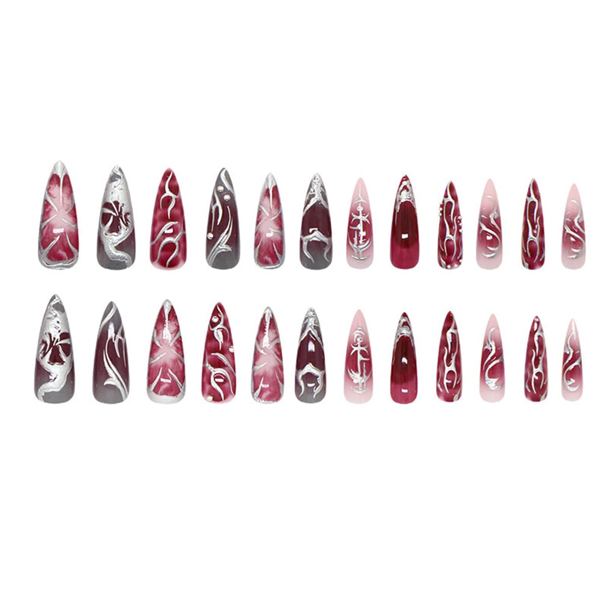 Gothic Press On Nails - Long Stiletto Acrylic Nails with 3D Metal Balls | Dark Red Gradient, 24 Pcs