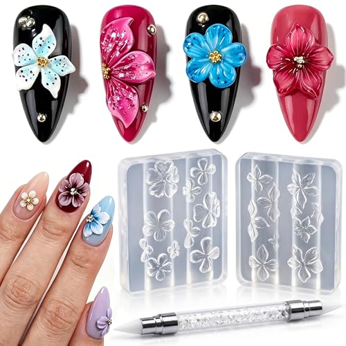 2Pcs Hibiscus Flower Silicone Nail Art Molds with Carving Pen