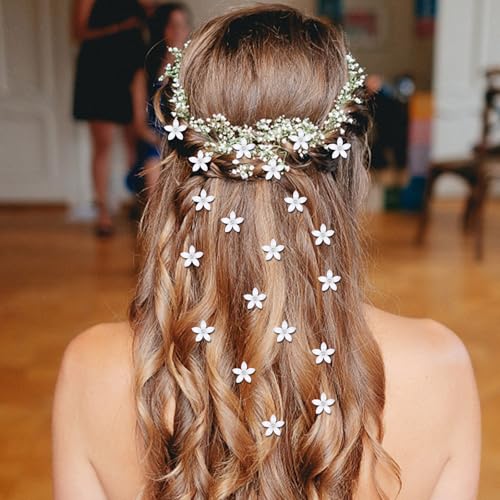 YISSION 40Pcs Mini White Flower Hair Clips with Rhinestone Core – Bridal / Wedding Hair Accessories