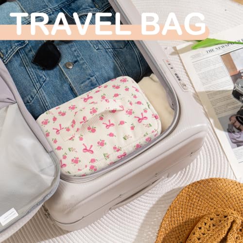 Large Quilted Makeup Bag for Women Travel Cosmetic Organizer Beige Rose