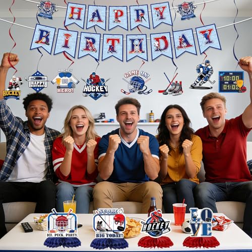 Hockey Birthday Party Decorations Set - 14Pcs Banner & Centerpieces