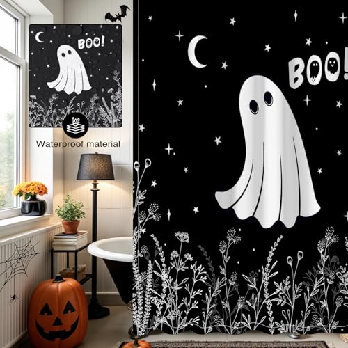 Mocsicka Halloween Ghost Shower Curtain with 12 Hooks - Spooky Bathroom Decor