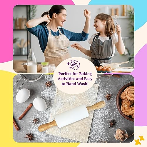 Creative Makers Kids Rolling Pin - 9in Non-Stick Silicone with Wooden Handles for Baking & Play Dough