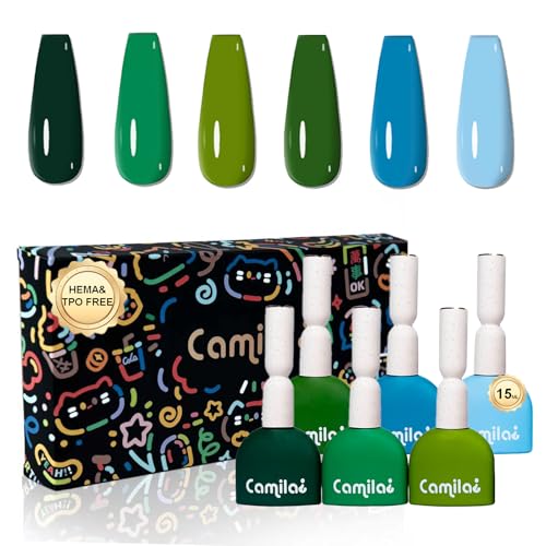 CAMILA 6pc Green Gel Nail Polish Set - HEMA & TPO Free Soak-Off UV LED Kit