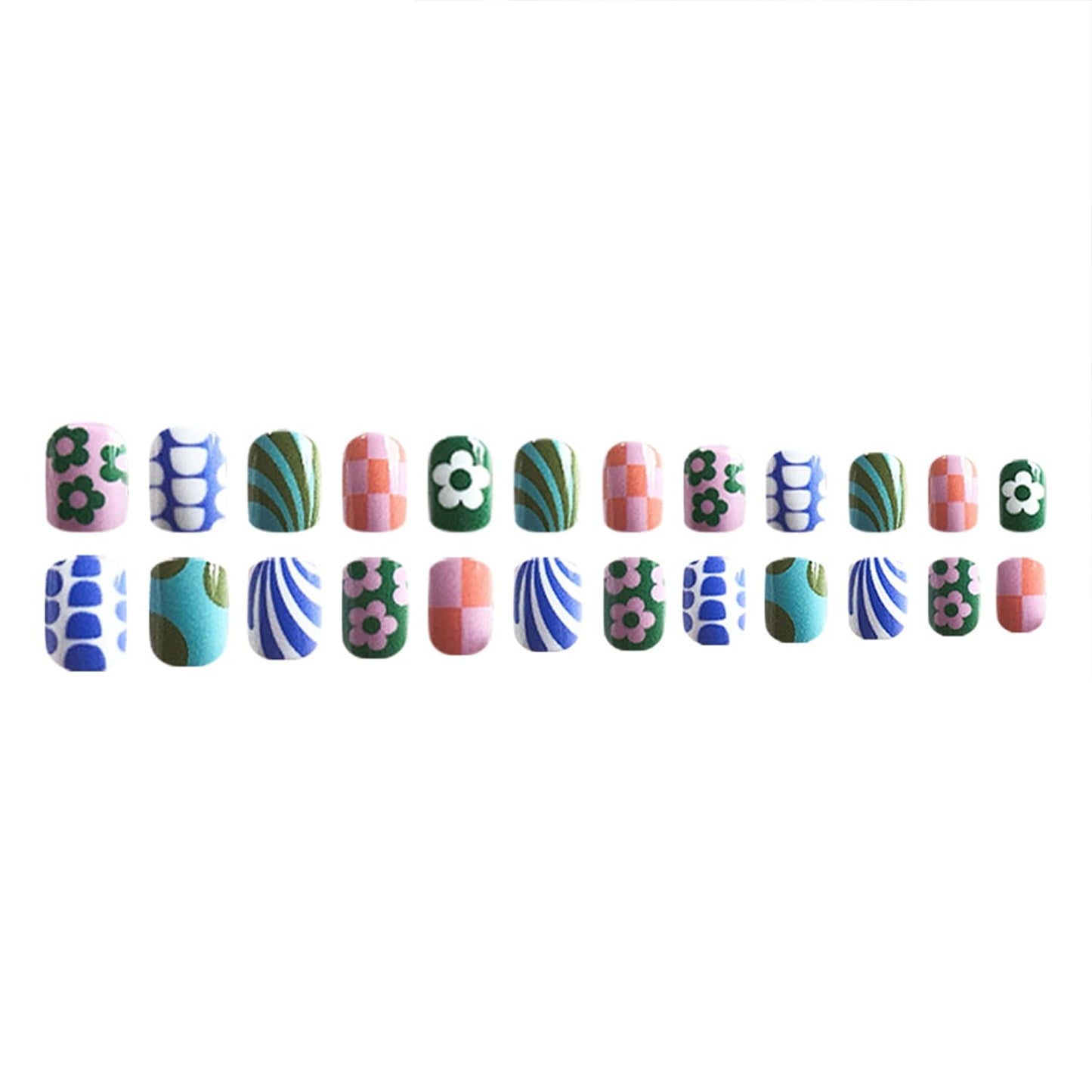 Colorful Press-On Nails - 24Pcs Short Square Acrylic Nails with Flower & Stripe Designs | Glossy Full Cover