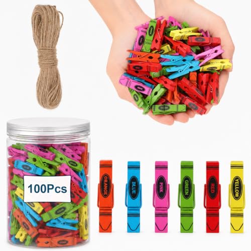 100 Pack Mini Crayon Wooden Clothespins with Jute Twine