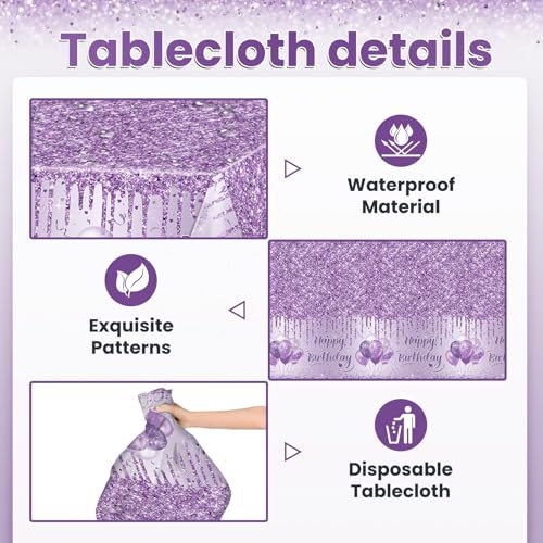 3 Pack Purple Birthday Tablecloths - 108 x 54 Inch Disposable Decor