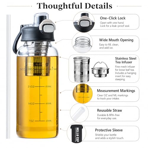 35oz Glass Water Bottle with Straw & Tea Infuser - BPA-Free, Leakproof