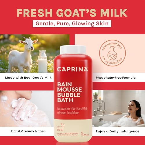 Caprina Goat’s Milk Bubble Bath 1L - Hydrating Relaxing Foam, Moisturizing, Made in Canada