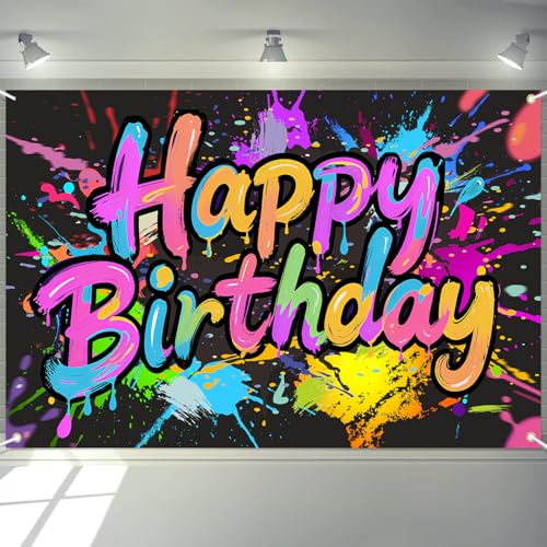 Neon Birthday Banner Backdrop - 72x43 Inch Glow in The Dark Decoration