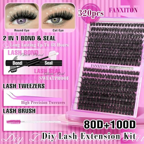 FANXITON DIY Lash Extension Kit NG01 - 80D/100D Thick Volume Clusters, 320pcs