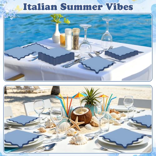 80 Pcs Blue Scalloped Cocktail Napkins - 6.5'' Wavy Edge Design for Parties