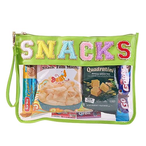 Clear Chenille Letter Tote Bag - Green SNACKS Transparent Waterproof Purse