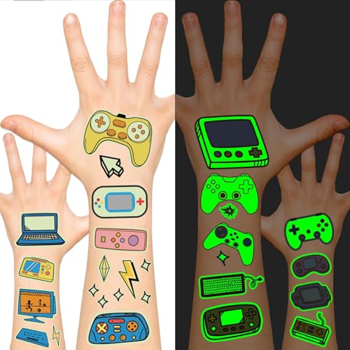 EMOME 140 Styles Luminous Temporary Tattoos for Kids – Video Game Party Favors (12 sheets)