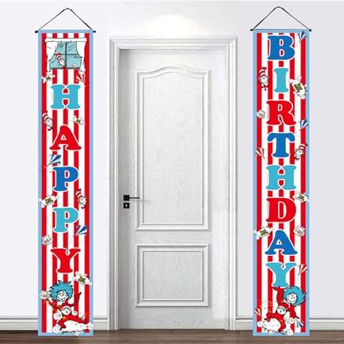Happy Birthday Porch Banner Set - Cat in the Hat Design, 2pcs