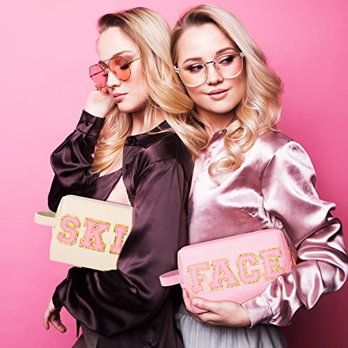 Sotiff 3-Pack Preppy Cosmetic Bags Waterproof Leather Makeup Pouches 8.27 x 5.12 x 3.15 Inches