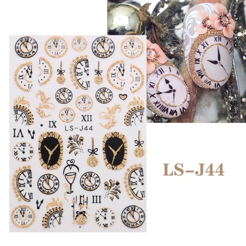 Christmas 6Pcs 3D Nail Stickers Set - Self-Adhesive Gold Glitter Clock & Countdown