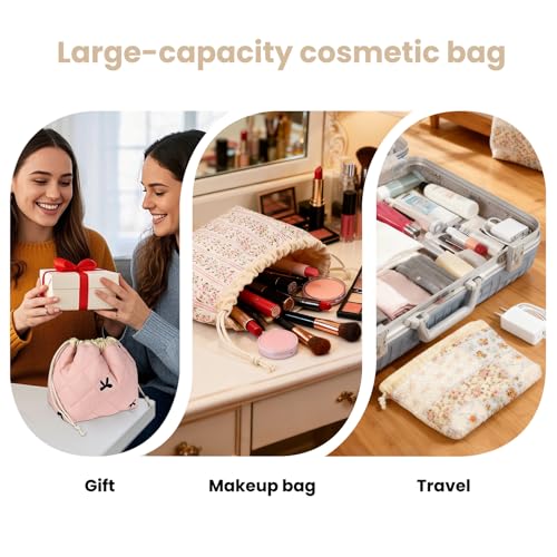Large Floral Canvas Makeup Bag with Drawstring - Travel Cosmetic Organizer for Women & Girls