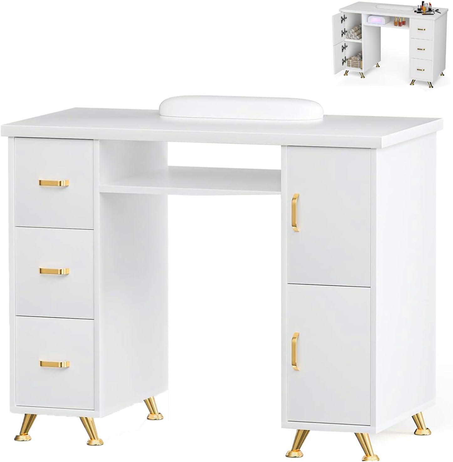 Professional Nail Tech Desk - Acetone Resistant Manicure Table with 3 Drawers & 2 Cabinets | White-Gold Finish for Salon & Home Use