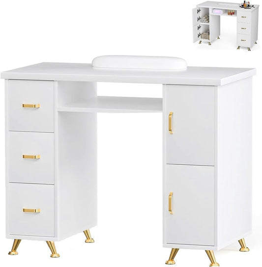 Professional Nail Tech Desk - Acetone Resistant Manicure Table with 3 Drawers & 2 Cabinets | White-Gold Finish for Salon & Home Use