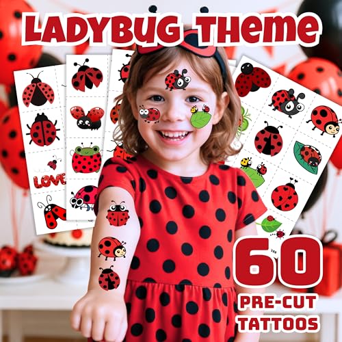 Ladybug Temporary Tattoos for Kids - 60 Pre-Cut Tattoos