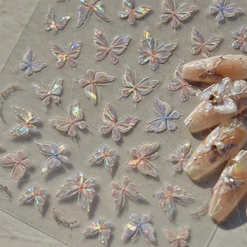 3D Aurora Butterfly Nail Art Stickers - 6 Sheets Self-Adhesive
