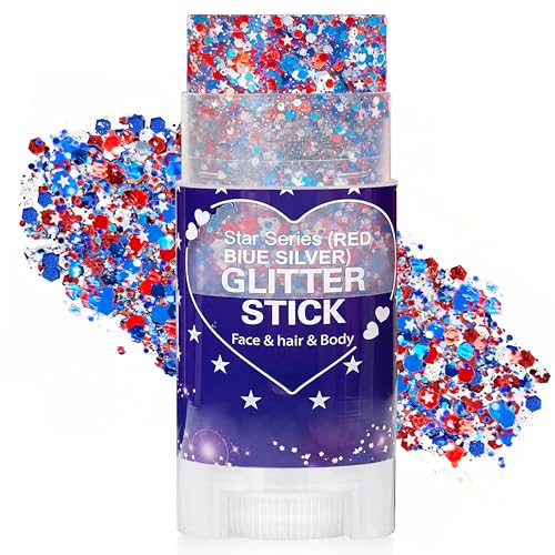 Patriotic Red White and Blue Hair Glitter Stick, 4th of July Accessories, AmericaFlag Face Body Glitter for Fourth of July Outfits Women, Waterproof Glitter Makeup for Independence Day Anniversary