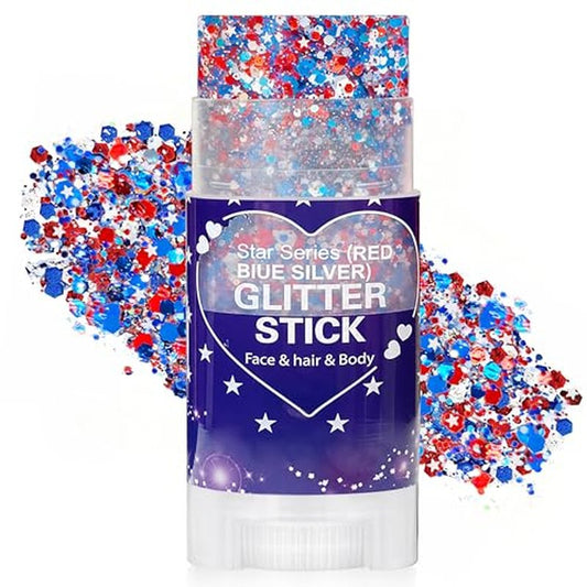 Patriotic Red White and Blue Hair Glitter Stick, 4th of July Accessories, AmericaFlag Face Body Glitter for Fourth of July Outfits Women, Waterproof Glitter Makeup for Independence Day Anniversary