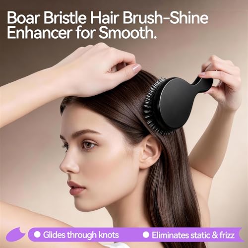 Boar Bristle Hair Brush - Black Natural Wood, Dual-Bristle for Smoothing & Shine