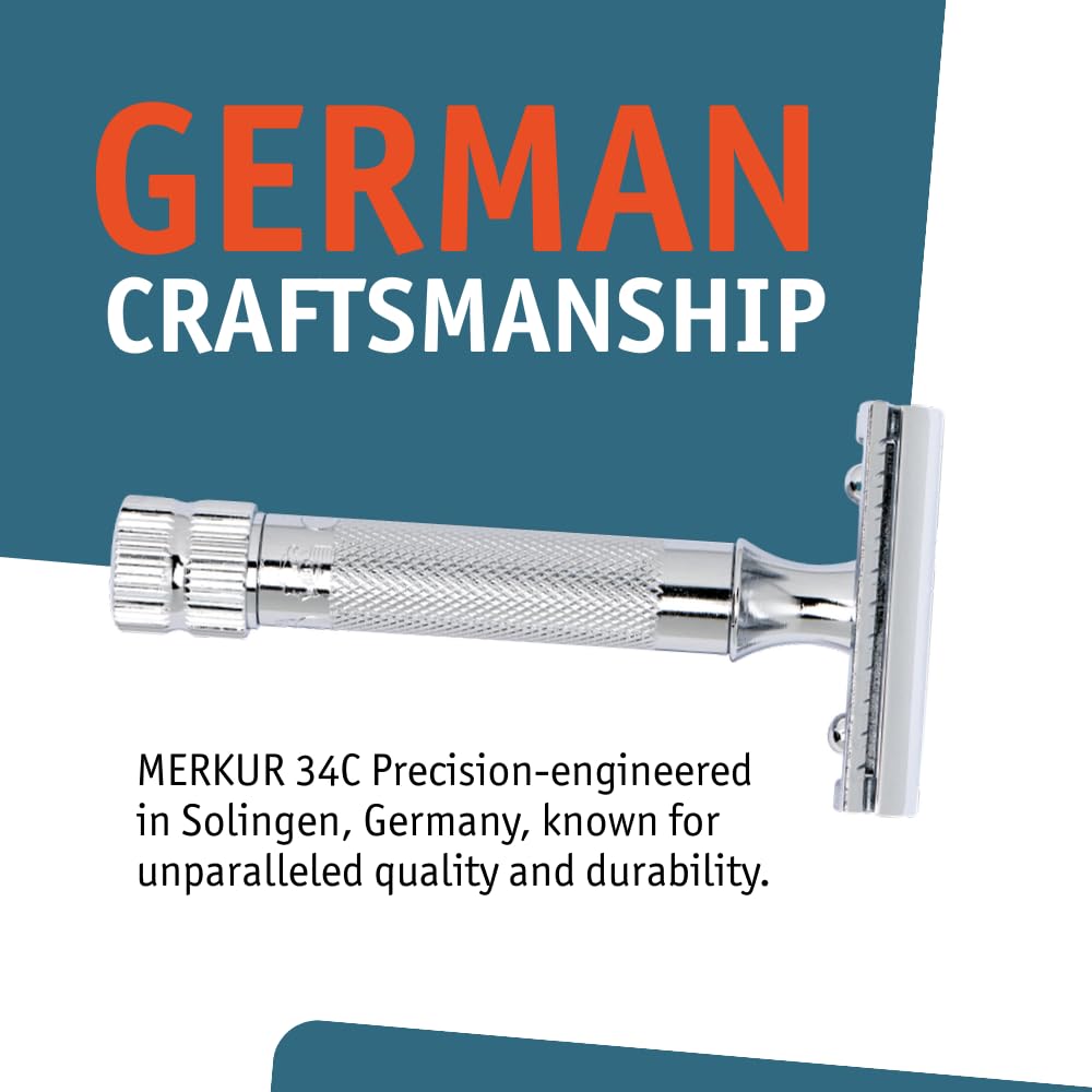 MERKUR 34C Short Handle Heavy Duty Classic Safety Razor Set with 10 Blades In A Box