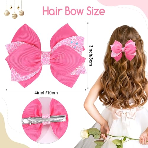 Pink Glitter Hair Bow Clips for Girls Kids Teens - 2PCS 4 Inch Sparkly Hair Accessories