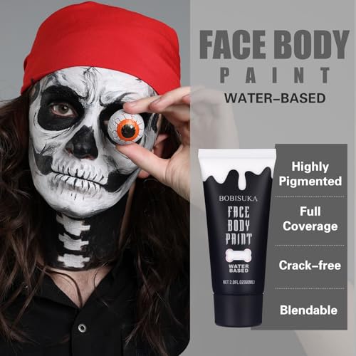 BOBISUKA White Face & Body Paint - Water-Based, Non-Toxic, Washable for Halloween & Cosplay