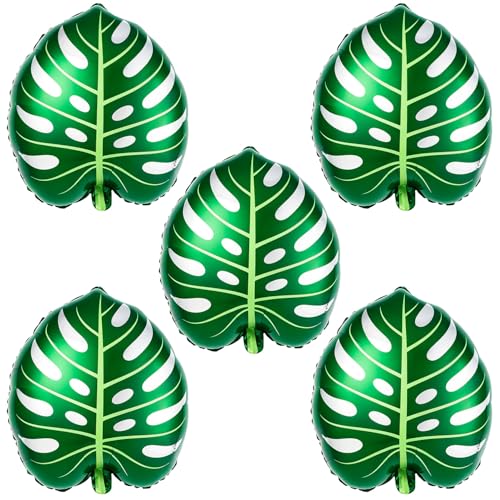 5 Pack Monstera Leaf Foil Balloons - Tropical Hawaiian Decor