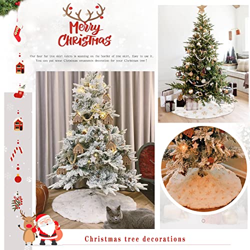 24 Inch White Faux Fur Christmas Tree Skirt with Gold Snowflakes