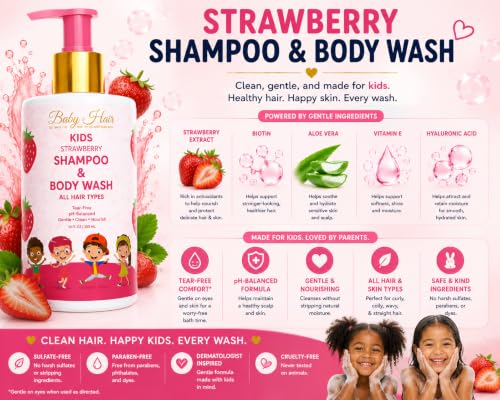 BABY HAIR Strawberry Mineral Shampoo & Body Wash 10 fl. oz. - Sulfate-Free, Tearless Formula with Biotin & Strawberry Oil