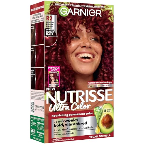 Garnier Nutrisse Ultra Color Hair Color, Permanent Hair Dye for Up to 8 Weeks of Bold, Vibrant, Fade-Resistant Results, Vegan & Cruelty-Free, R2 Medium Intense Auburn (Goji Berry), 1 Count