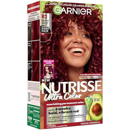 Garnier Nutrisse Ultra Color Hair Color, Permanent Hair Dye for Up to 8 Weeks of Bold, Vibrant, Fade-Resistant Results, Vegan & Cruelty-Free, R2 Medium Intense Auburn (Goji Berry), 1 Count