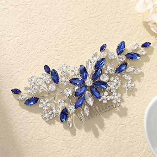 Catery Blue Rhinestone Wedding Hair Comb - Floral Bridal Hair Accessory