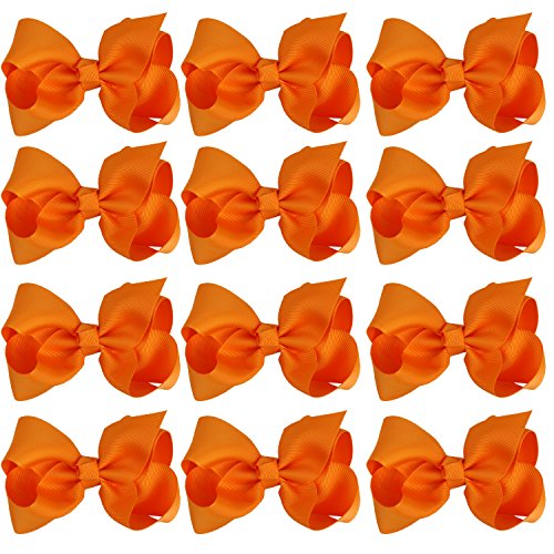 ICObuty 4-Inch Orange Hair Bows for Girls - 12 Pack Boutique Hair Clips