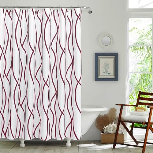 Biscaynebay Burgundy & White Modern Shower Curtain - 72"x72" Luxury Linen