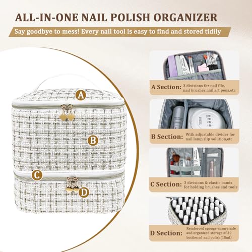 JEWHITENY White Nail Polish Organizer Bag for 30 Bottles & Lamp