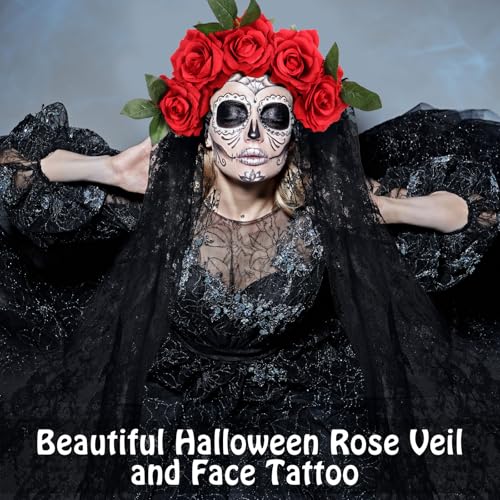 Day of the Dead Rose Flower Crown Headband with Long Veil for Halloween