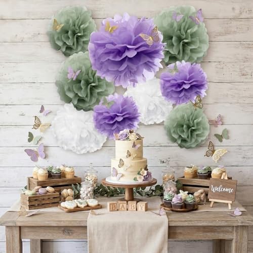 Sage Green & Lavender Tissue Paper Pom Poms - 9-Pack Party Decor