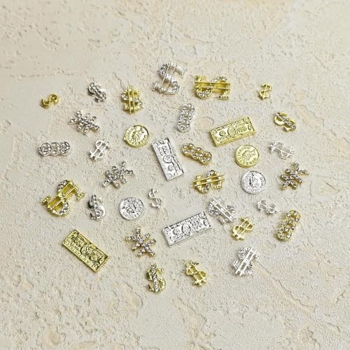 BLGTGH Asd-32 Money Nail Charms 3D Metal Alloy Dollar Sign Nail Art Gems Silver Gold 36Pcs