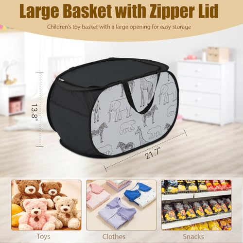 Stuffed Animal Storage Basket with Zipper Lid - Black