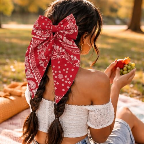 Red Bandana Hair Bow for Women - Large Casual & Special Occasion Accessory