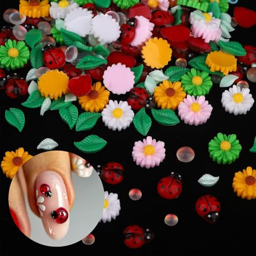 Ladybug Nail Charms 100Pcs Colorful Insect & Flower Nail Art Decorations
