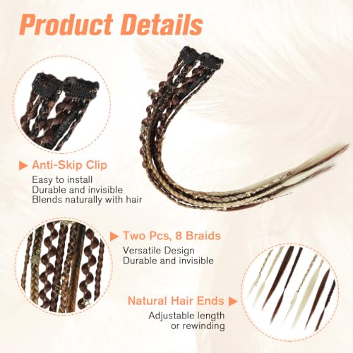 BOGSEA 2PCS Clip-In Braided Hair Extensions Brown to Blonde 16 Inch Boho Dreadlock