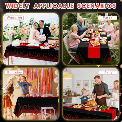 Disposable Black and Red Tablecloth Set - 2-in-1 Rectangular Party Cover (54x108")