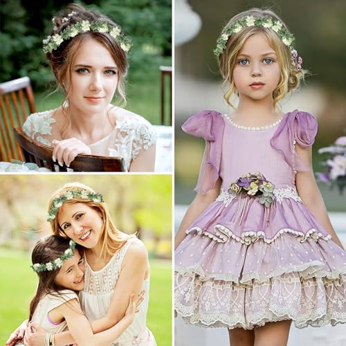 MEMOVAN White Bridal Green Leaf Flower Crown Adjustable Boho Headpiece